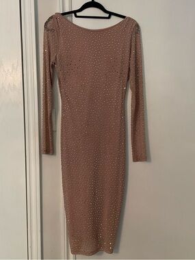 Embellished Long-Sleeve Bodycon Dress in Nude